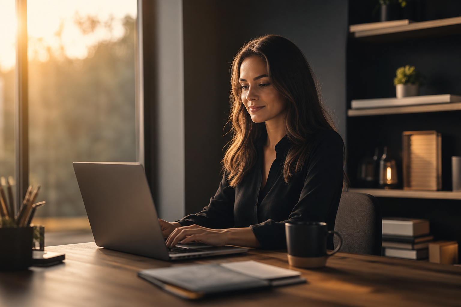 A tax preparer working from a laptop in warm daylight